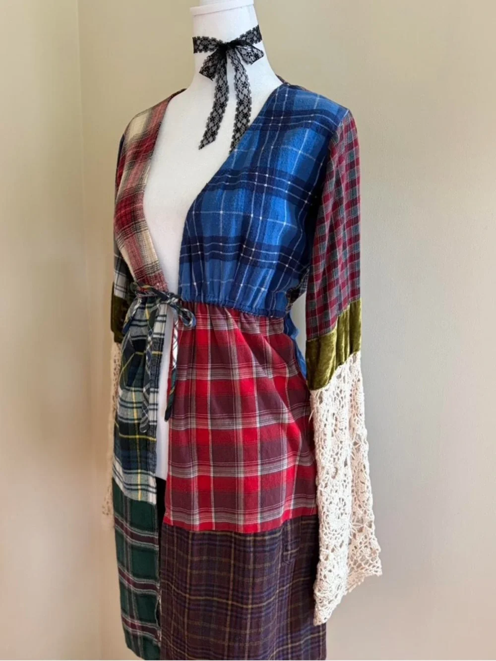 Vintage 90s patchwork crochet lace duster dress plaid grunge boho festival S-M - Picture 3 of 8